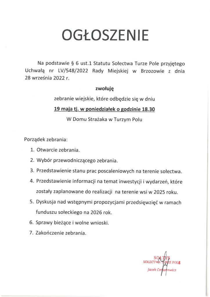 Ogłoszenie o zebraniu wiejskim w Turzym Polu