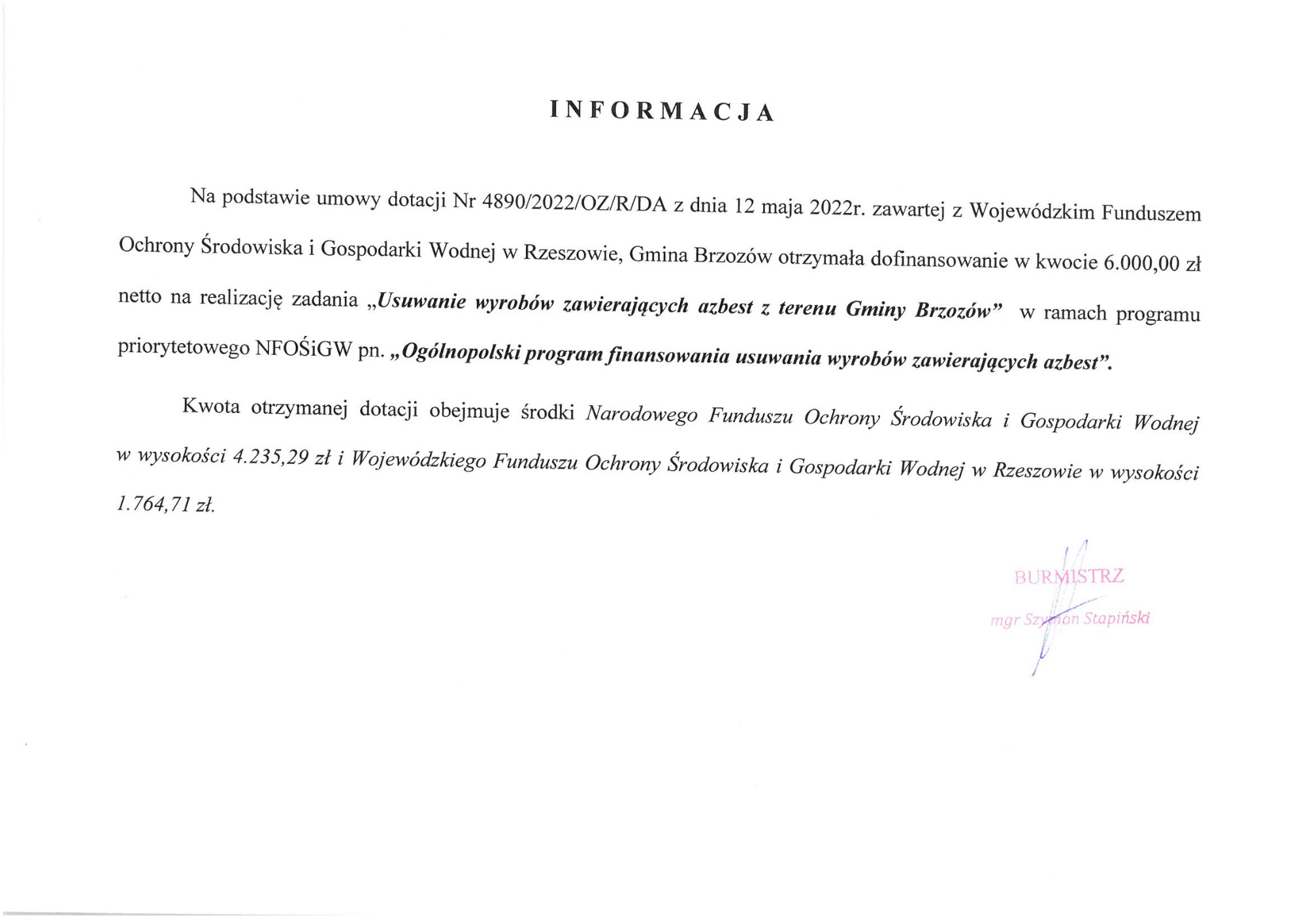 Dotacja z Wojewódzkiego Funduszu Ochrony Środowiska i Gospodarki Wodnej