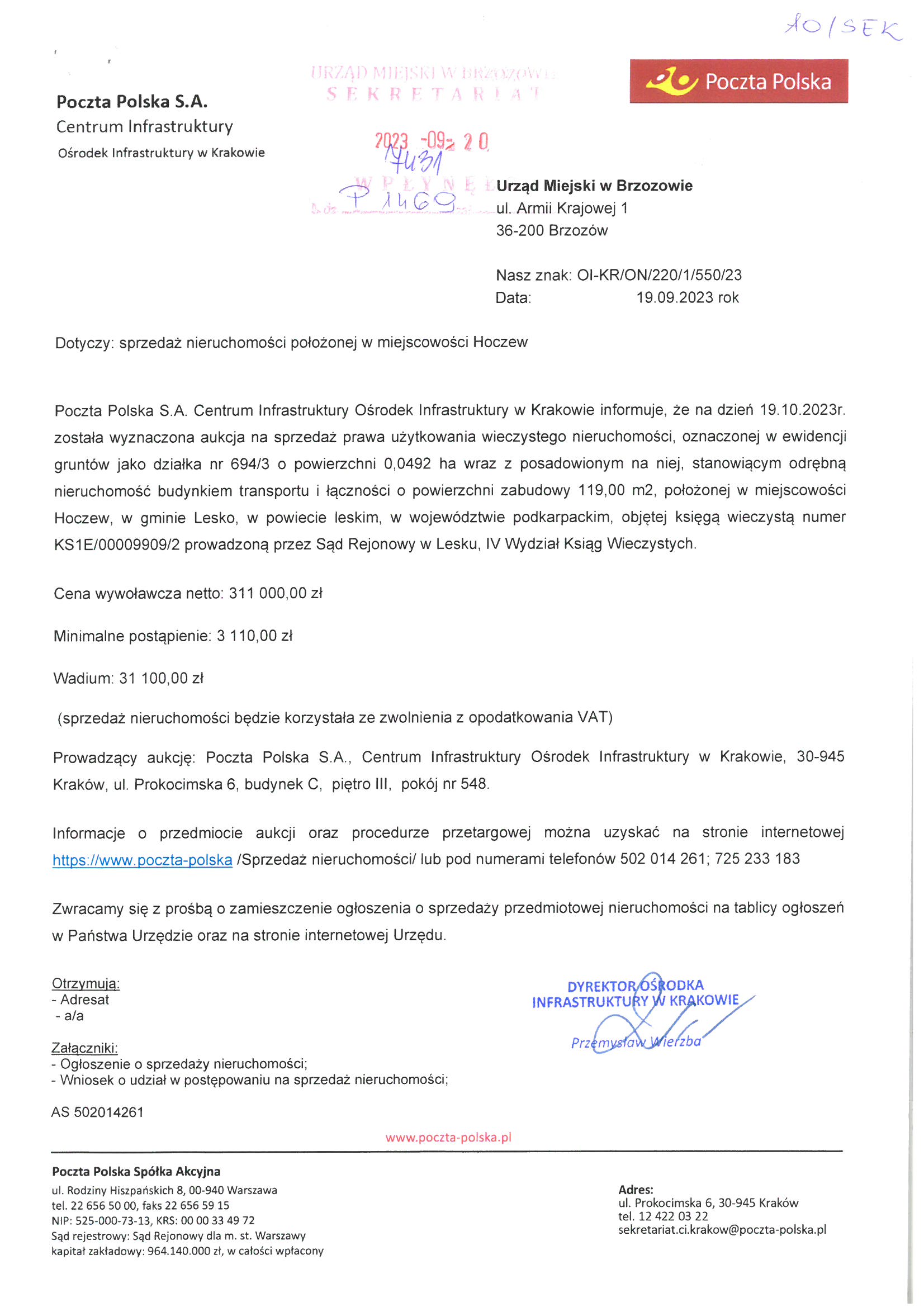 Ogłoszenie o sprzedaży nieruchomości położonej w miejscowości Hoczew