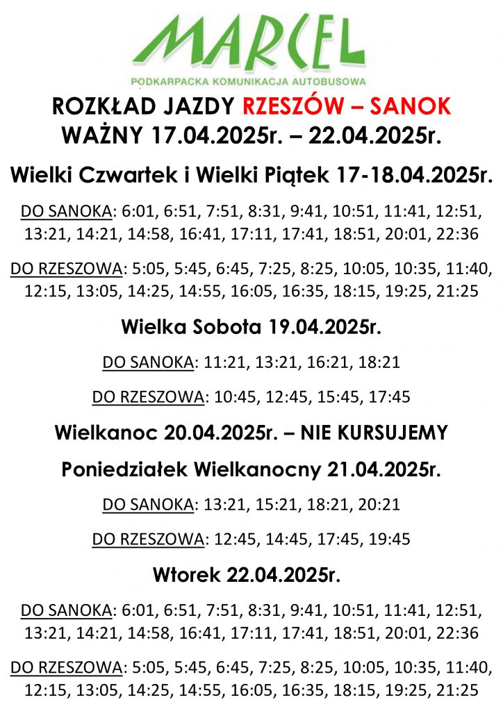 Rozkład jazdy busów Marcel w okresie świątecznym