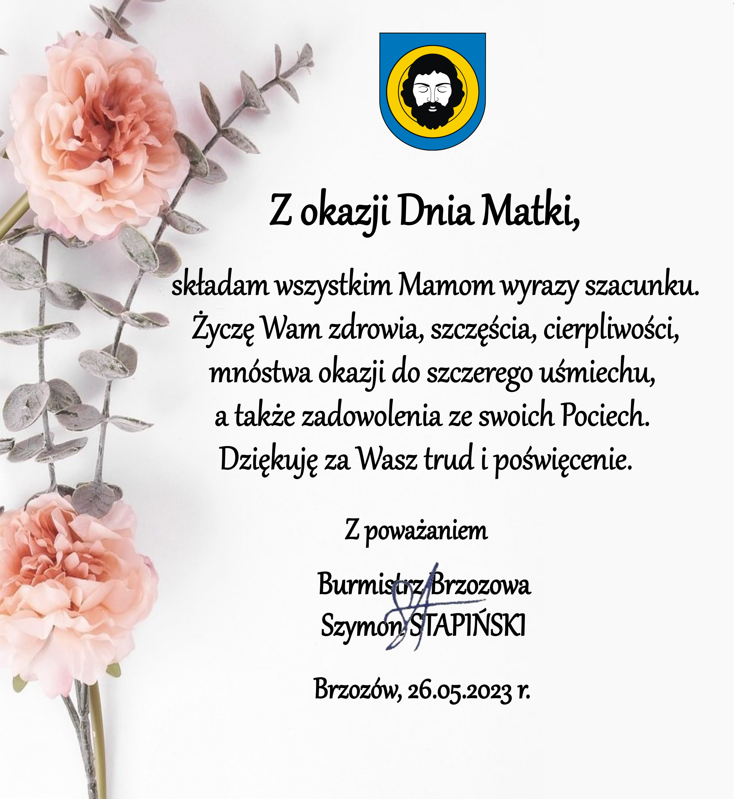 Życzenia Burmistrza Brzozowa z okazji Dnia Matki