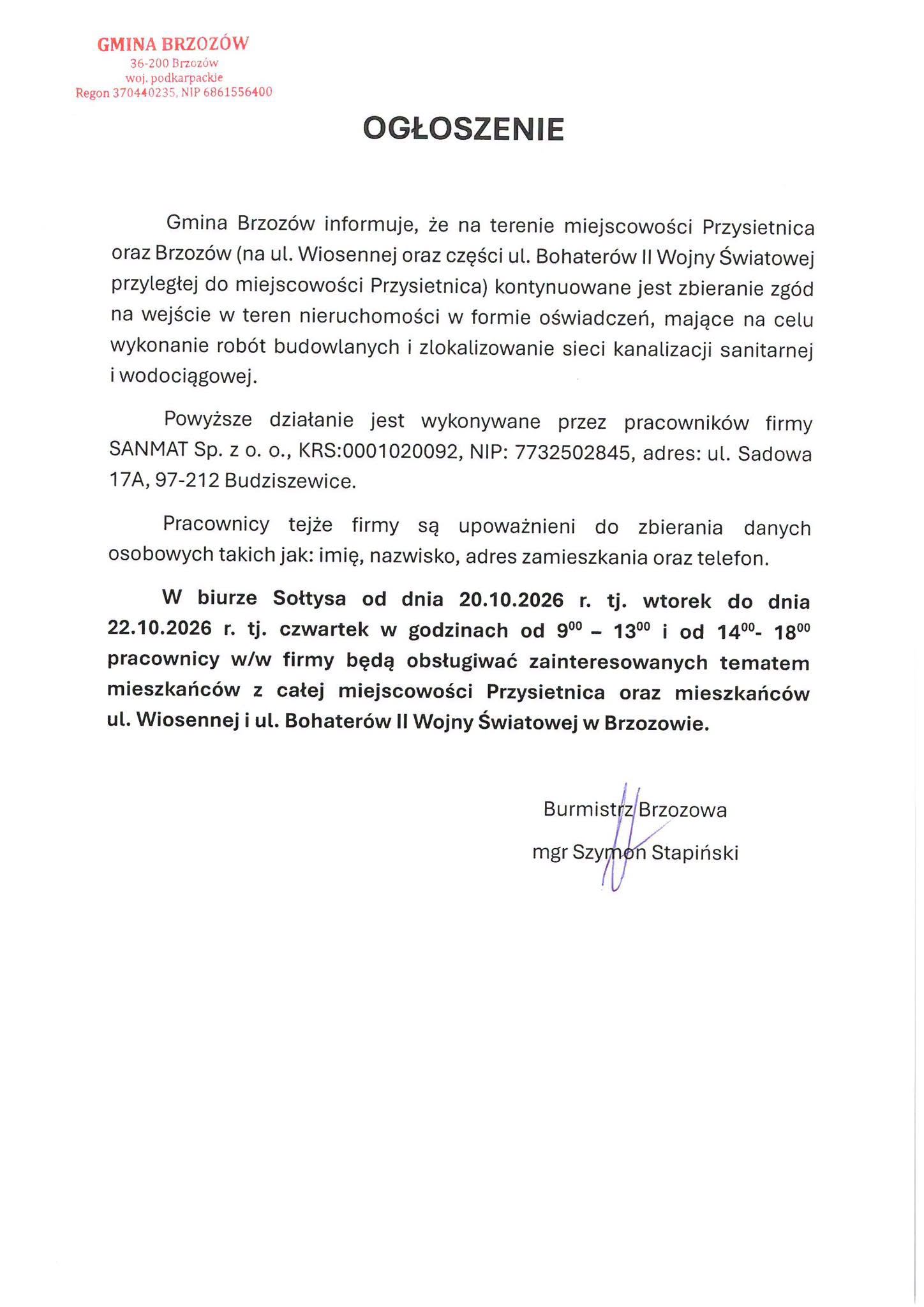 Ogłoszenie dla mieszkańców Przysietnicy oraz Brzozowa w sprawie kontynuowania zgód na wejście w teren nieruchomości