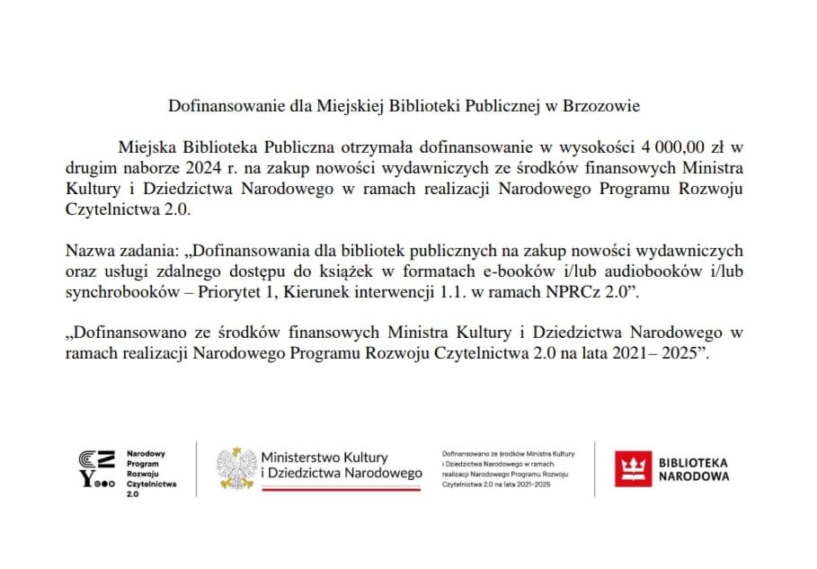 Miejska Biblioteka Publiczna w Brzozowie z dofinansowaniem na nowości wydawnicze