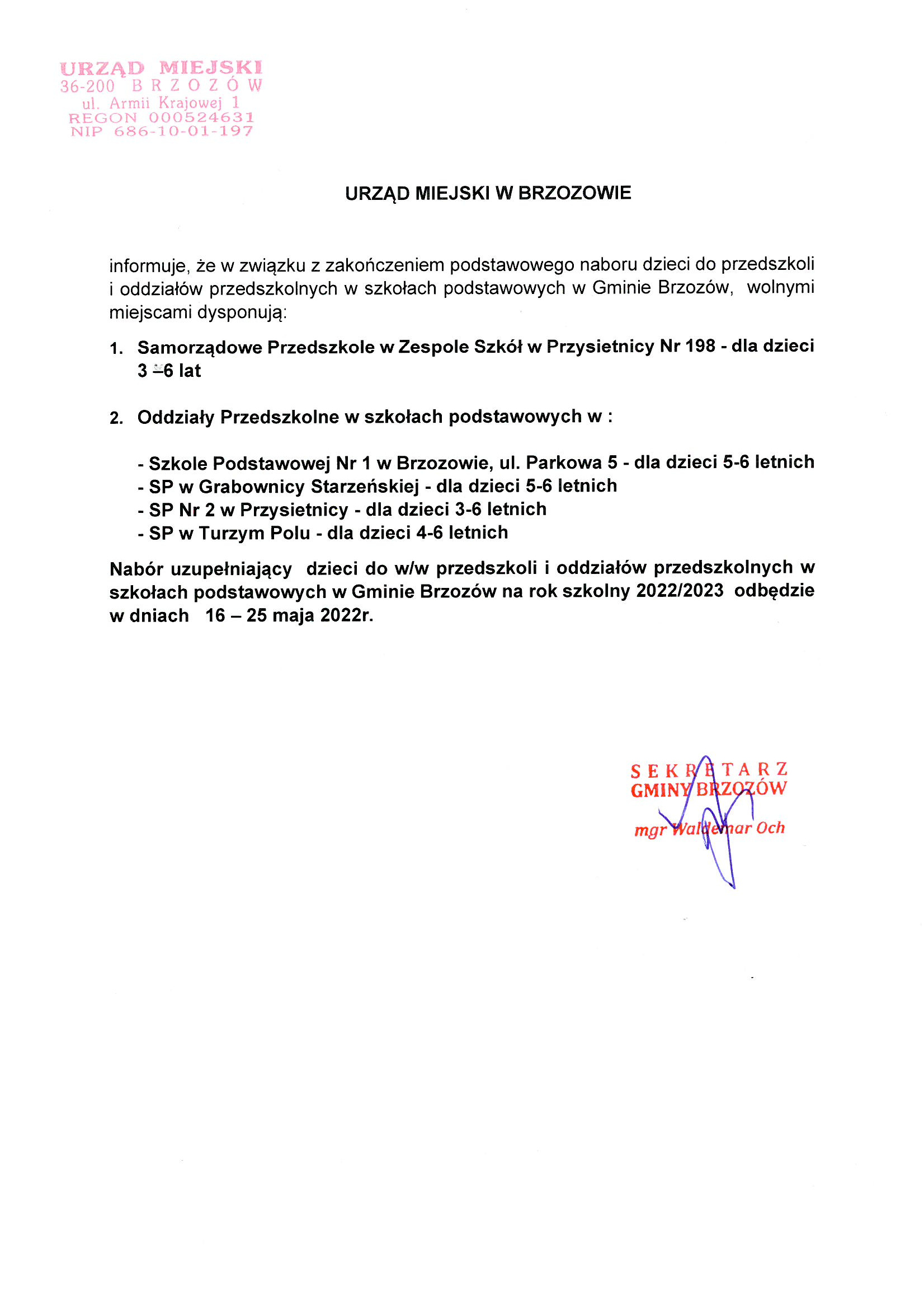 Nabór uzupełniający do przedszkoli i oddziałów przedszkolnych