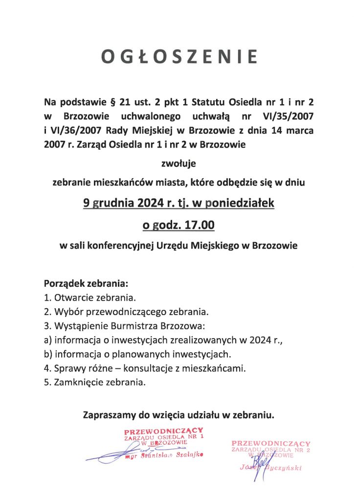 Ogłoszenie o zebraniu mieszkańców miasta