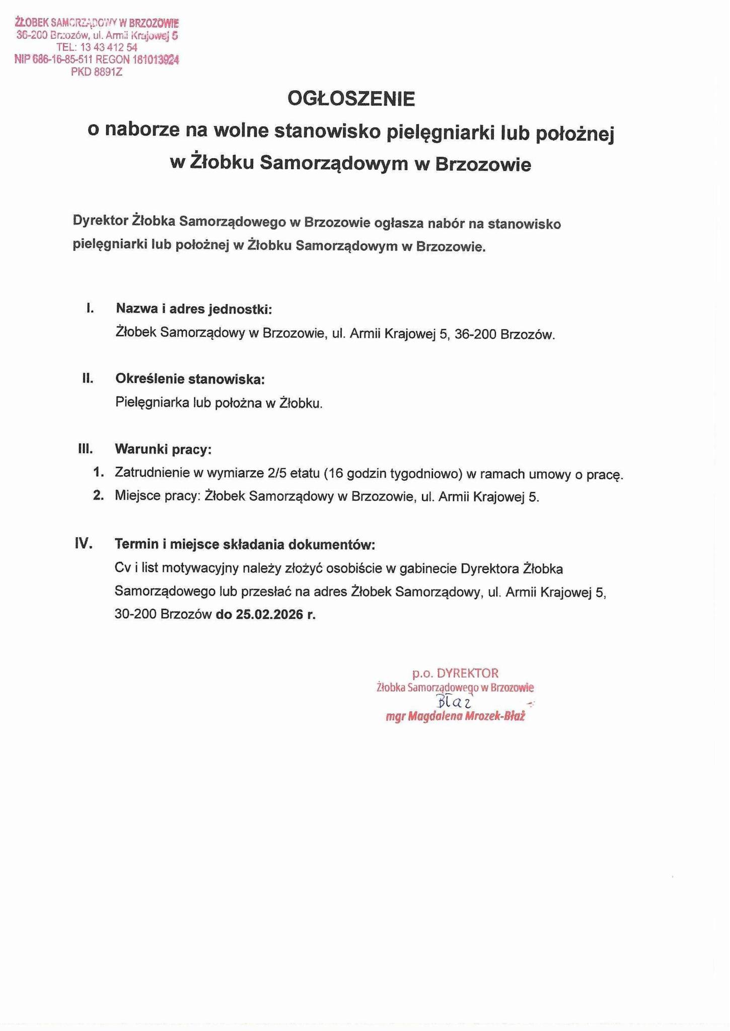 Żłobek Samorządowy w Brzozowie szuka Pielęgniarki lub Położnej!