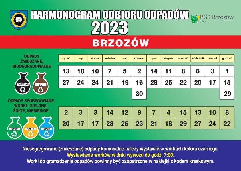 Harmonogram odbioru odpadów komunalnych na 2023 r.
