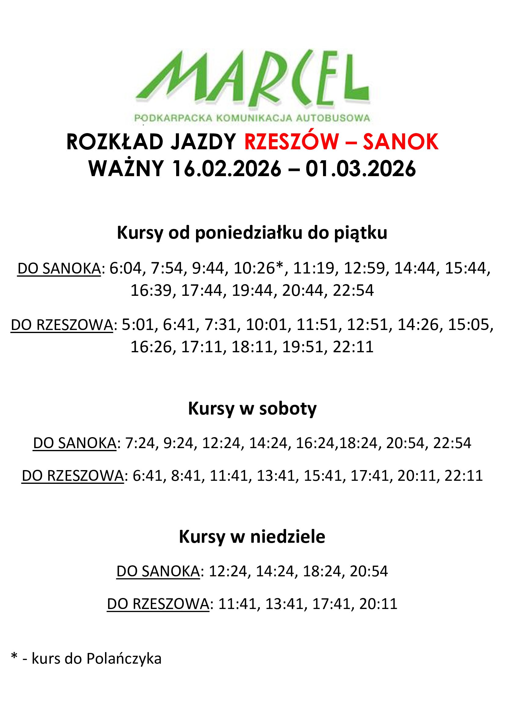 Zmiana rozkładu jazdy w okresie ferii zimowych