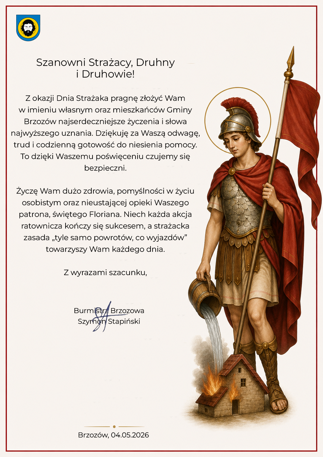 Życzenia Burmistrza Brzozowa z okazji Dnia Strażaka