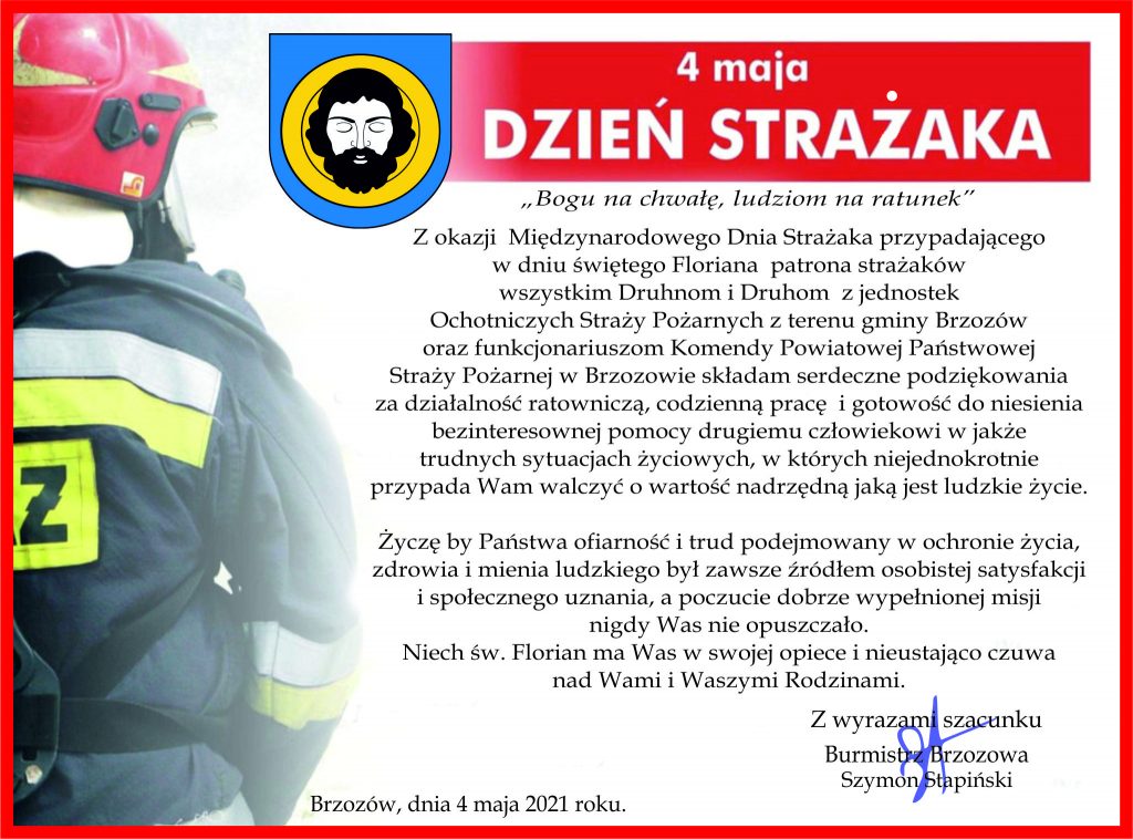 Życzenia burmistrza z okazji Dnia Strażaka