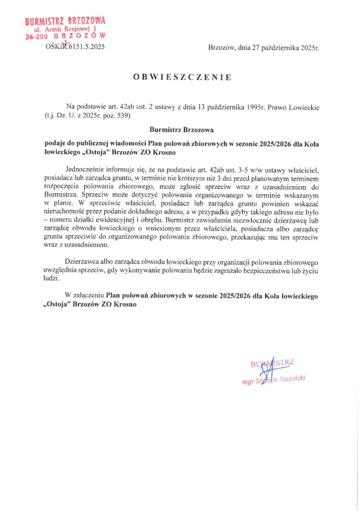 Plan polowań zbiorowych w sezonie 2025/2026 dla Koła łowieckiego „Ostoja” Brzozów ZO Krosno