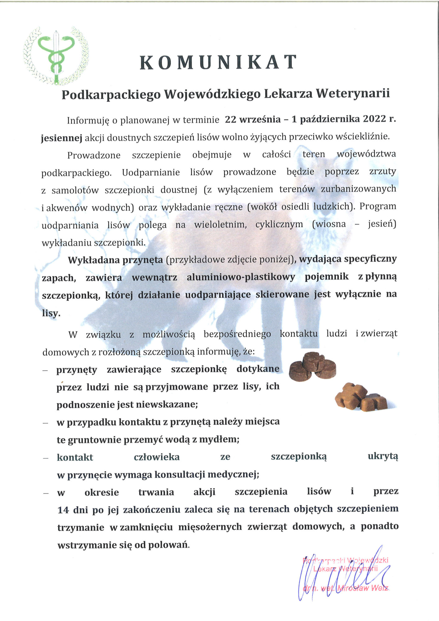 Komunikat Podkarpackiego Wojewódzkiego Lekarza Weterynarii – odnośnie szczepienia lisów