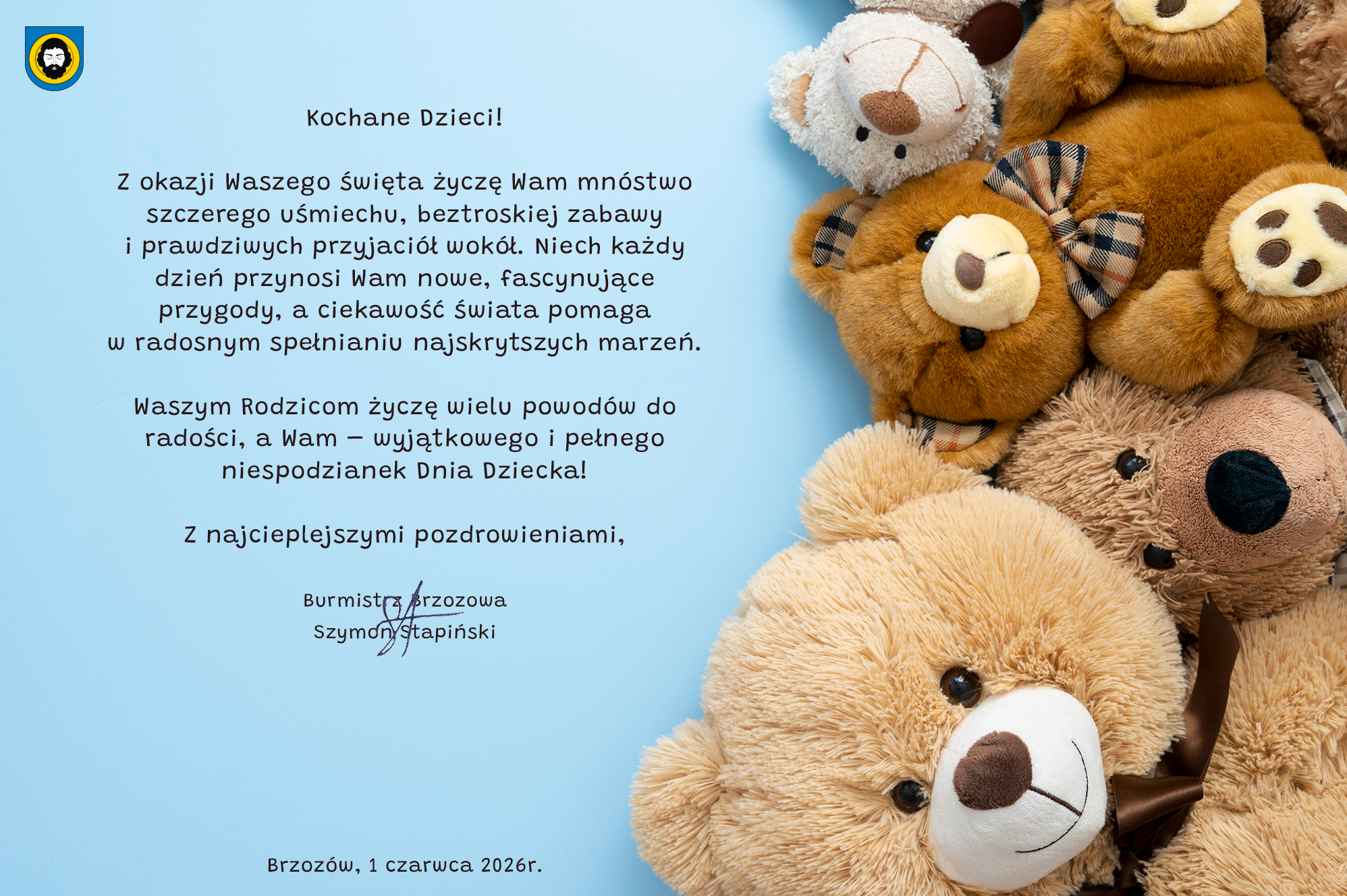 Życzenia Burmistrza Brzozowa z okazji Dnia Dziecka.