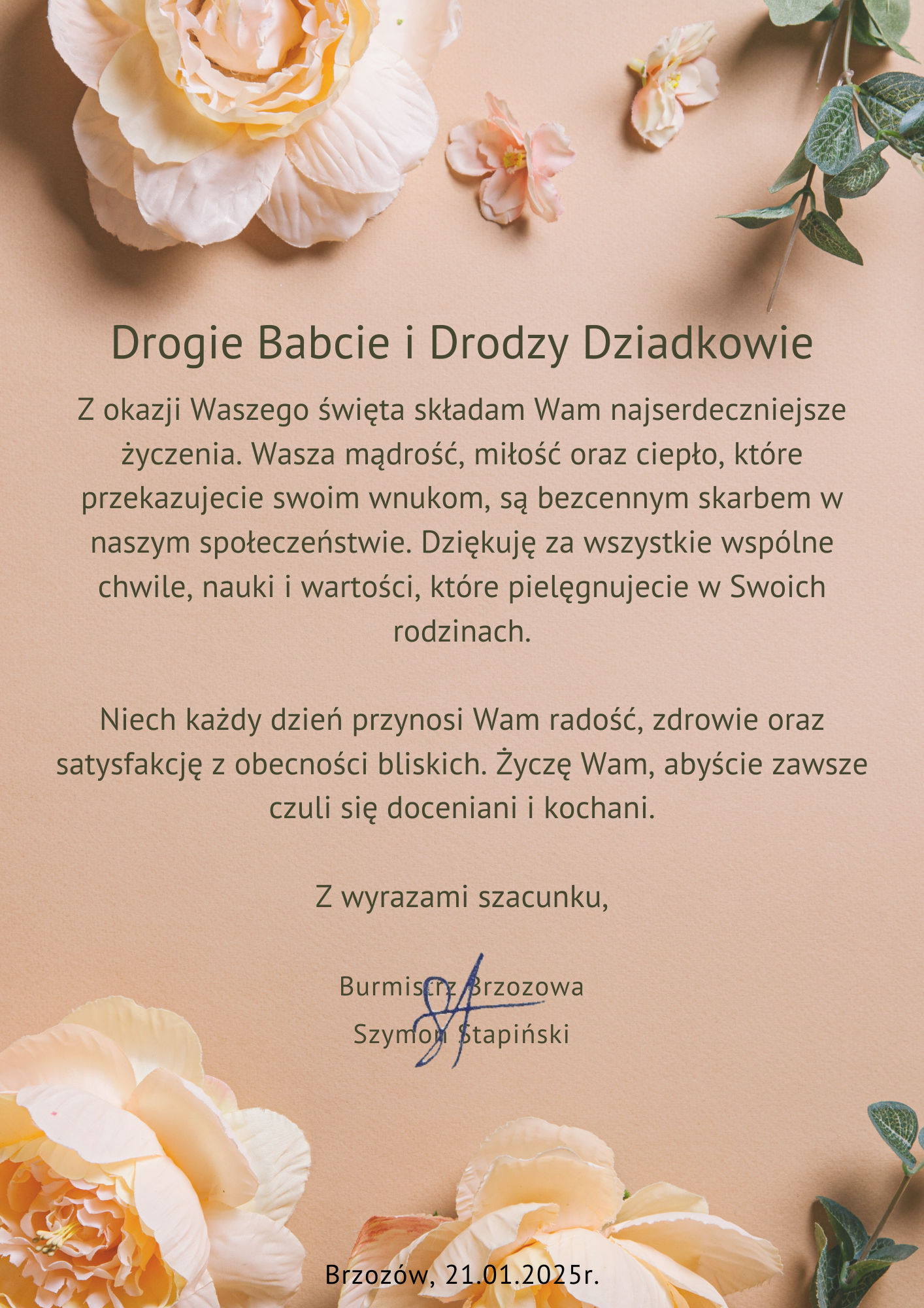 Życzenia Burmistrza Brzozowa z okazji Dnia Babci i Dziadka