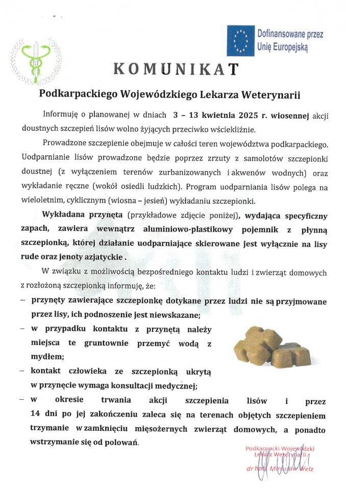 KOMUNIKAT Podkarpackiego Wojewódzkiego Lekarza Weterynarii o wiosennej akcji szczepienia lisów