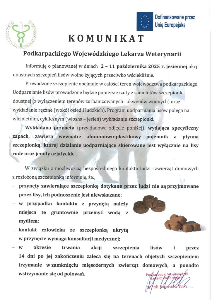 Komunikat Podkarpackiego Wojewódzkiego Lekarza Weterynarii – dot. jesiennej akcji doustnych szczepień lisów