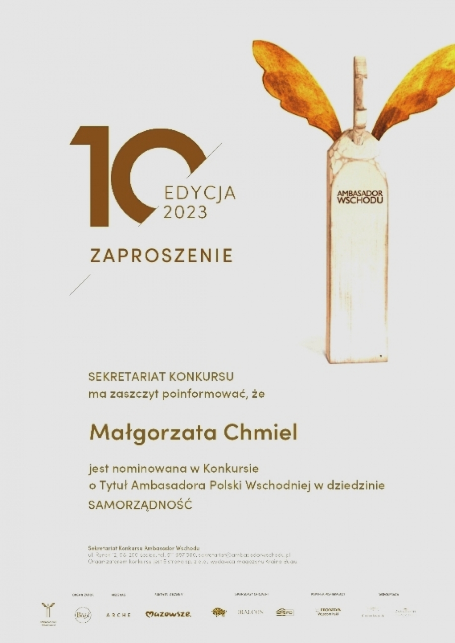 Małgorzata Chmiel nominowana w konkursie o Tytuł Ambasadora Polski Wschodniej