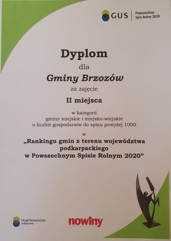Skan dyplomu dla Gminy Brzozów za zajęcie II miejsca w konkursie.