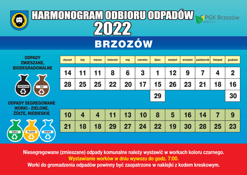 Harmonogram odbioru odpadów 2022 - Brzozów