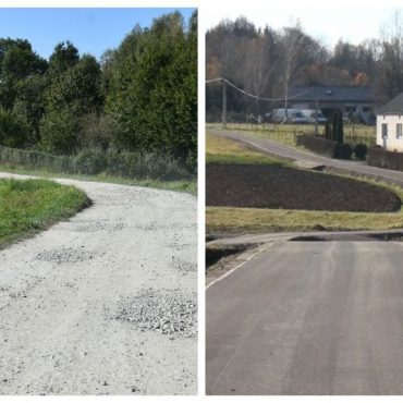Porównanie zdjęć drogi w Górkach przed remontem i po. Na pierwszym zdjęciu droga wyłożona jest kamieniami, a na drugim przykryta jest asfaltem.