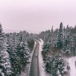 Zimowe zdjęcie szosy biegnącej przez las. Po szosie jada dwa samochody