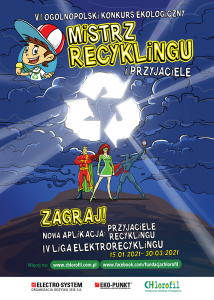 Plakat z informacjami na temat konkursu, a na nim postacie z kreskówek chłopczyk i trzech superbohaterów.