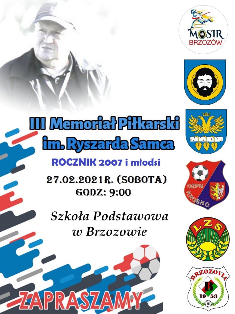 Plakat zapraszający na turniej piłkarski. Z lewej strony loga partnerów turnieju, z prawej zaś postać mężczyzny w kolorze szarym. Na dole plakatu grafika piłki.