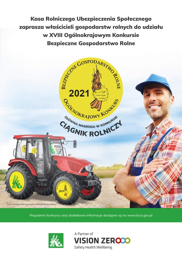 Plakat zapraszający rolników do udziału w Konkursie. Na środku traktor oraz z boki stoi mężczyzna ubrany na roboczo.