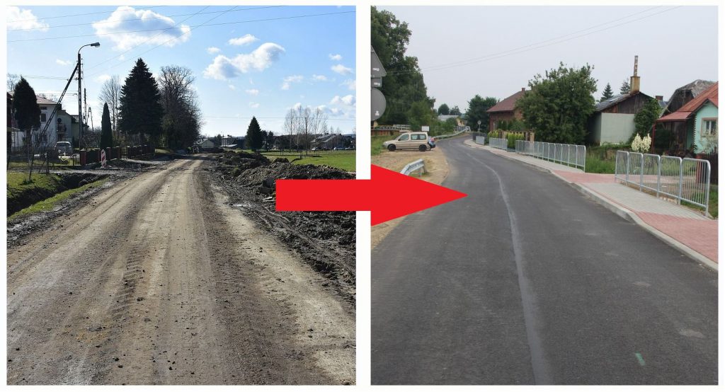 Obrazek przedstawiający drogę przed i po remoncie.