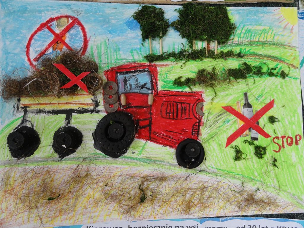 Rysunek przedstawiający traktor na polu. 