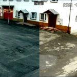 Zdjęcie porównawcze - po prawej stronoe nowy asflat przy jasnym budynku, na drugim stary popękany asfalt.