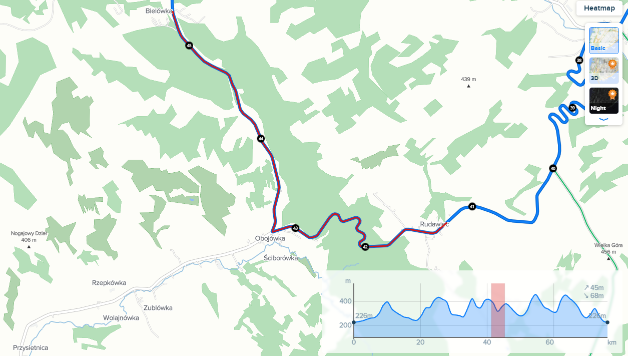 Mapa wyścigu, na czerwono zaznaczono fragment trasy przebiegający przez Powiat Brzozowski, Sołectwo Przysietnica.