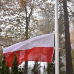 Biało-czerwona flaga wieszana na maszcie. W tle drzewa i mglista pogoda.
